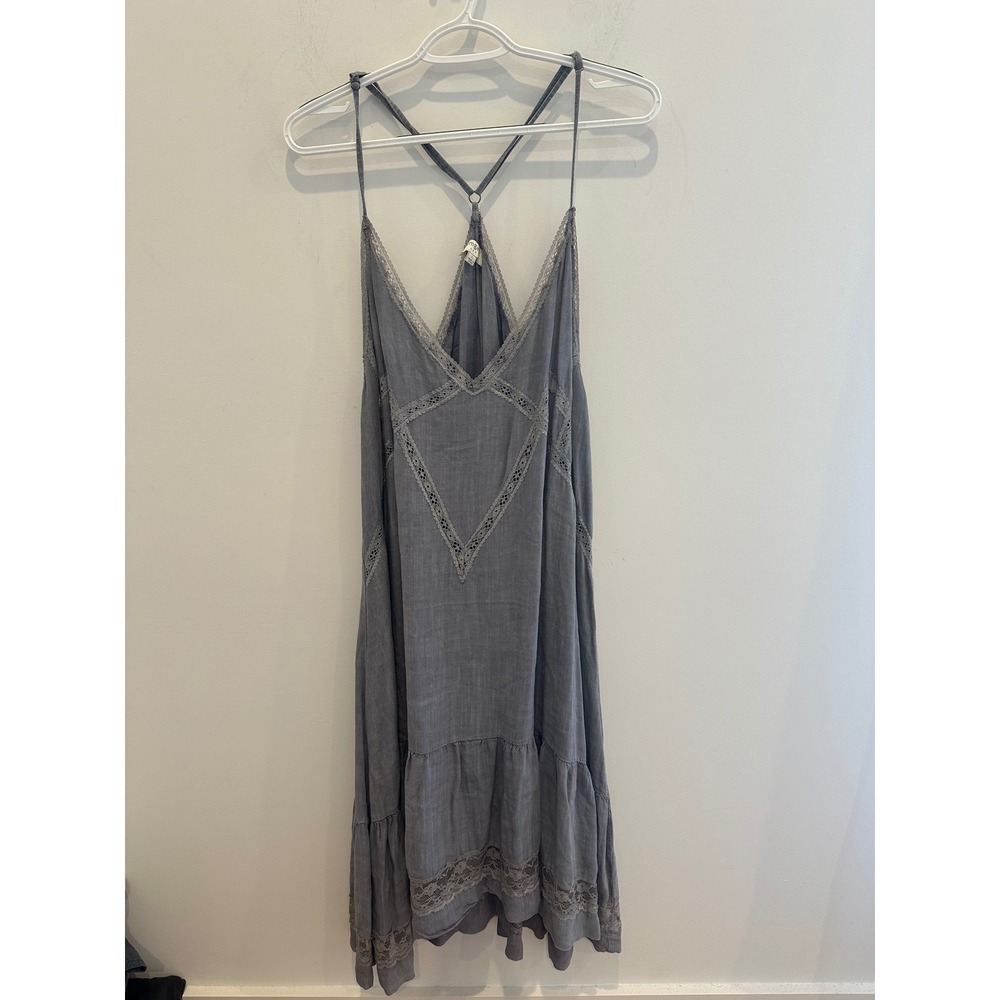 Umgee USA Women Gray Boho Lace Trim Racerback Slip Dress Large